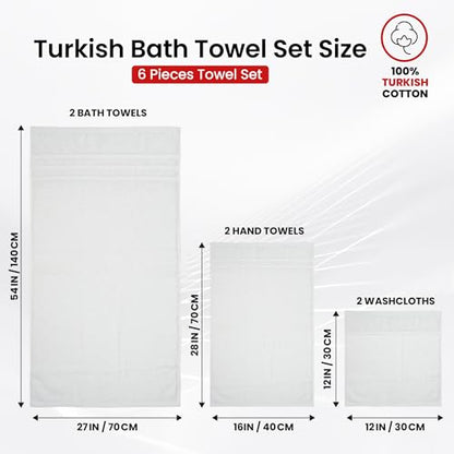 Infinitee Xclusives 6 Piece Premium Towel Set, 2 Bath Towels, 2 Hand Towels, and 2 Wash Cloths, 100% Ring Spun Turkish Cotton Highly Absorbent Towels for Bathroom, Gym, Hotel, and Spa (Bright White)