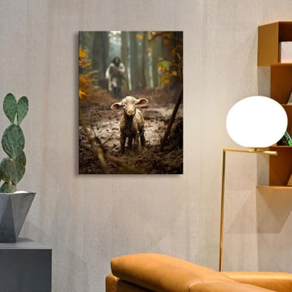 Jesus and Lamb Canvas Wall Art - Religious Christian Decor for Prayer Room, Christmas