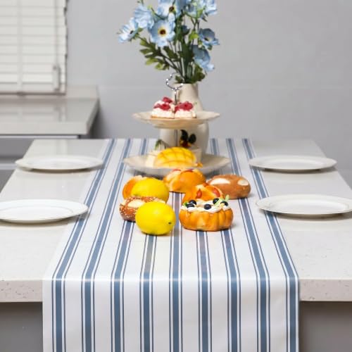 Blue and White Disposable Paper Table Runner Roll 25ft x 16in - Narrow Stripes