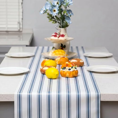 Blue and White Disposable Paper Table Runner Roll 25ft x 16in - Narrow Stripes