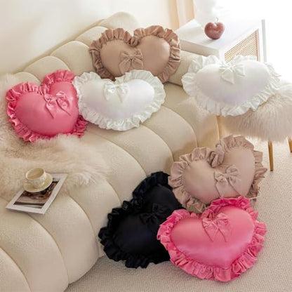 Light Pink Heart-Shaped Throw Pillow with Bow & Ruffle - Romantic Home Decor