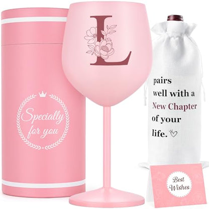 Pink Monogrammed Stainless Steel Wine Glass with Gift Bag - Initial L