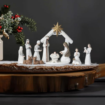 Large Nativity Scene Set - 12 Pcs Resin Miniature Holy Family Religious Christmas Decor