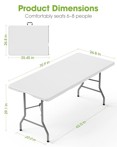 Pureegg 6ft Folding Table - White, Indoor & Outdoor, 300 lbs Support, Portable