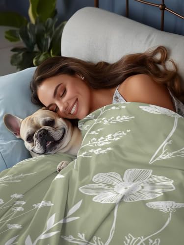 King Flat Sheet - Sage Green Hotel Quality Microfiber Bedding - Abstract Flowers, Breathable & Soft