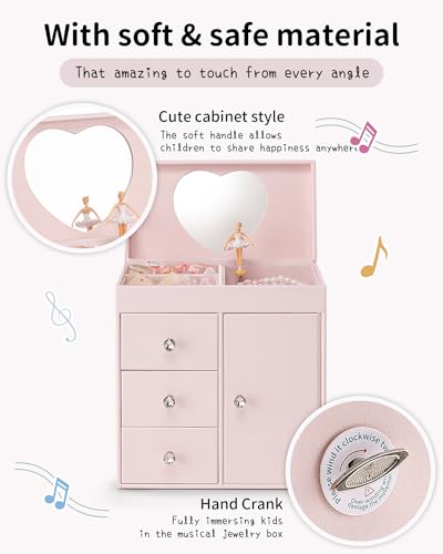 VLANDO 4 Layer Musical Jewelry Box for Girls with Pink Finish, 3 Drawers & Necklace Hook