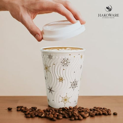 12oz Christmas Disposable Coffee Cups with Lids - Snowflake Winter Design, Pack of 100