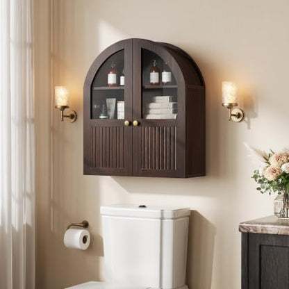 Vividwood Walnut Arched Wall Bathroom Cabinet 24x28 Inch with Glass Door & Adjustable Shelf - 1 Pack