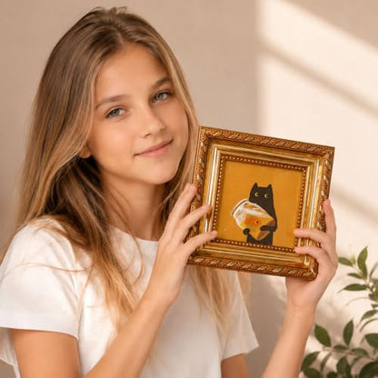 Black Cat Oil Painting with Fish Tank Gold Framed Canvas Art
