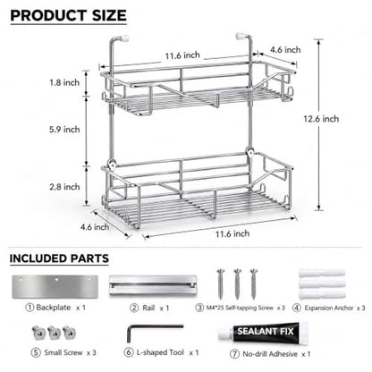 2-Tier Premium Shower Caddy with 8 Hooks - Deep & Shallow Baskets, Stainless Steel, Adhesive or Screw Mount
