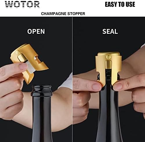 WOTOR Champagne Stoppers Stainless Steel, Prosecco Bottle Stopper with Food Grade Silicone, Reusable Champagne Cork & Saver, Leak proof Keep Fresh (Gold, 2 Pack)