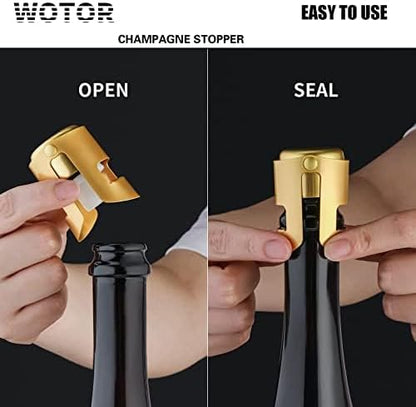 WOTOR Champagne Stoppers Stainless Steel, Prosecco Bottle Stopper with Food Grade Silicone, Reusable Champagne Cork & Saver, Leak proof Keep Fresh (Gold, 2 Pack)