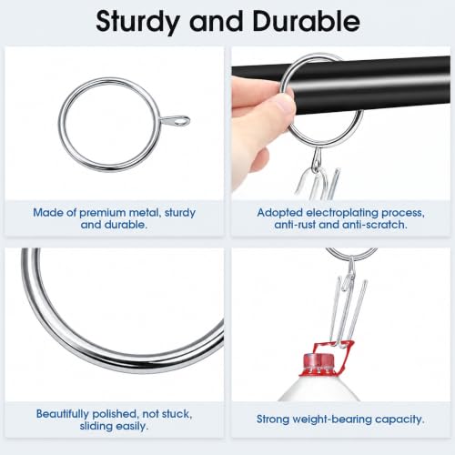 Silver Curtain Rings with 4 Prong Pinch Pleat Hooks - 38mm ID, 30 Sets - Silver & Silver