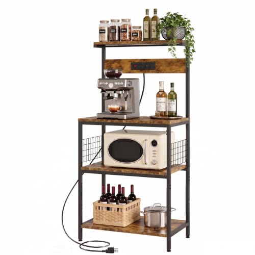 23.6-Inch Kitchen Bakers Rack with Power Outlet, Microwave Stand, Brown