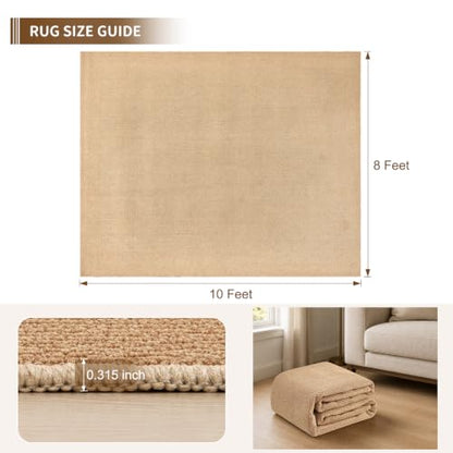 8x10 Jute Area Rug - Faux Wool Non-Slip Indoor Carpet for Living Room