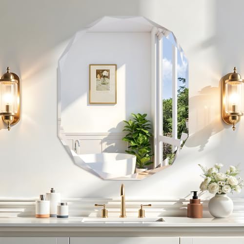 Oval Beveled Bathroom Mirror 24x30 Inch Frameless Wall Mirror - Diamond Cut Edges