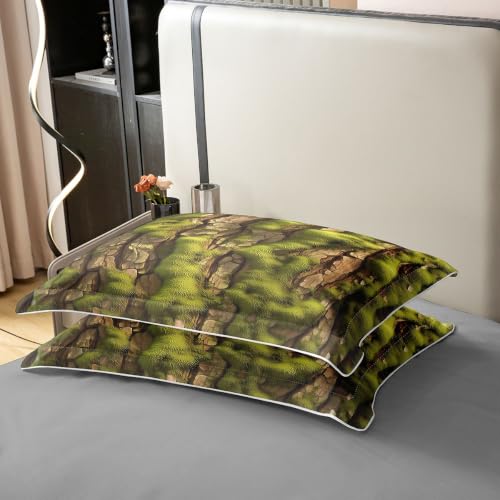 Tree Bark Duvet Cover Set Twin Size Cotton Woodland Bedding - Green Yellow Variation