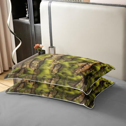 Tree Bark Duvet Cover Set Twin Size Cotton Woodland Bedding - Green Yellow Variation