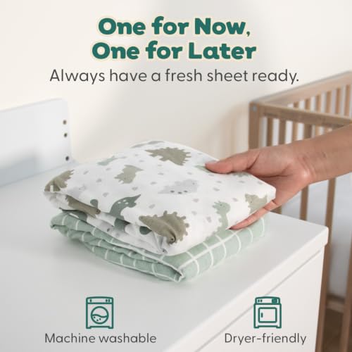 Organic Cotton Bassinet Sheets Boy - Sage Dino 2-Pack Baby Bed Sheets