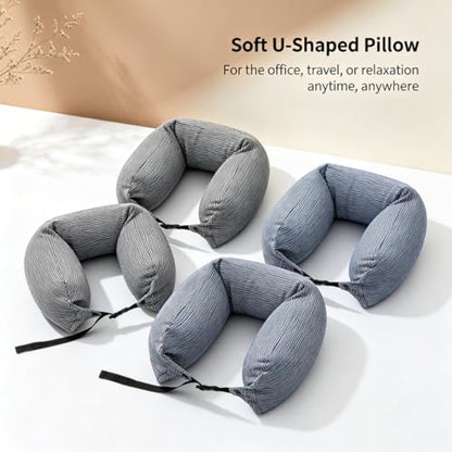 Travel Neck Pillow with Microbeads & Breathable Fabric - Blue Stripes