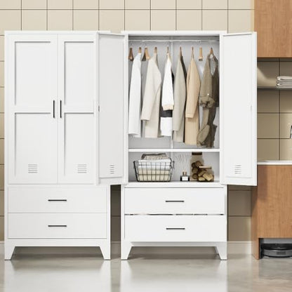 71-Inch Tall Metal Wardrobe Closet with Hanging Rod and 2 Drawers