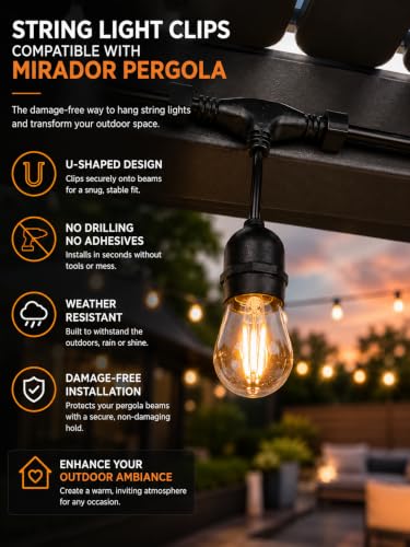 Mirador-Compatible Pergola String Light Clips - Black, 15 Pack - No-Drill, No Adhesive