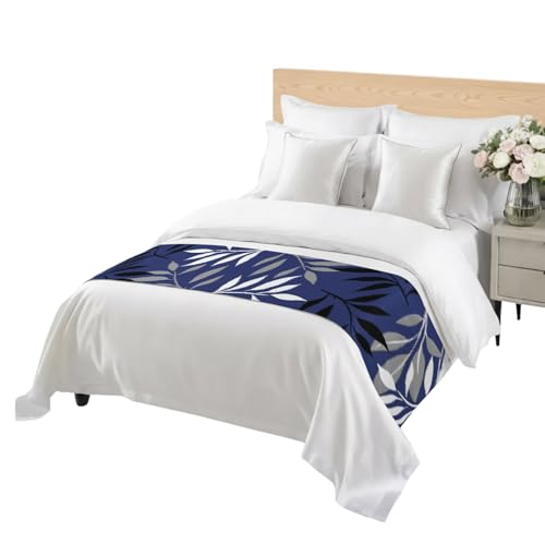King Size Navy Blue Grey Botanical Bed Runner 94x20 Inches Tropical Foliage Decor