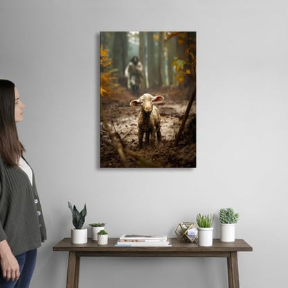 Jesus and Lamb Canvas Wall Art - Religious Christian Decor for Prayer Room, Christmas