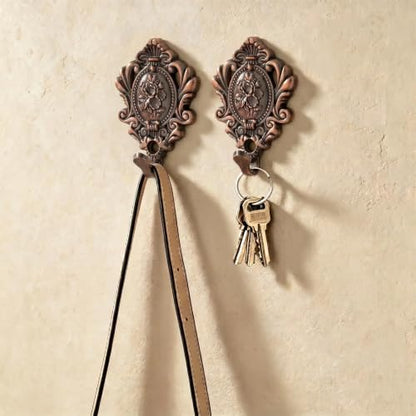 Vintage Wall Hooks - Antique Copper Zinc 2-Pack with Rose Pattern