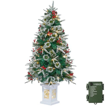 4 Ft Pre-Lit Artificial Christmas Tree with Snow-Flocked Branches & Potted Lantern Base - 1 Pack - Variation of 1 / 4ft