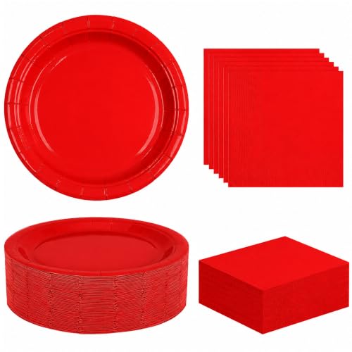 Red Paper Plates and Napkins Set - 50PCS Party Supplies for Events - Red