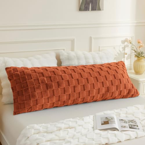 Checkered Faux Rabbit Fur Body Pillow Cover 20x54 Burnt Orange - Plush & Cozy
