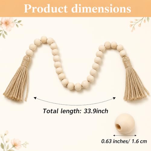 Wood Bead Garland with Tassels - 34 Inch Farmhouse Rustic Home Decor
