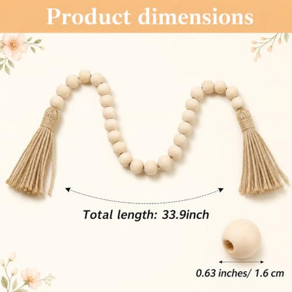 Wood Bead Garland with Tassels - 34 Inch Farmhouse Rustic Home Decor