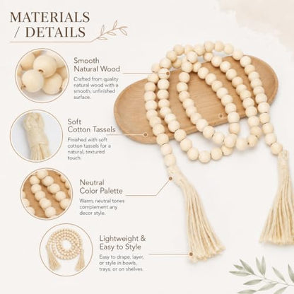 Wood Bead Garland 58in Rustic Farmhouse Decor with Tassels - Natural Finish