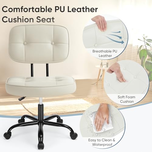 Armless Office Desk Chair with Wheels - Ivory White, 21.5"D Small Vanity Chair