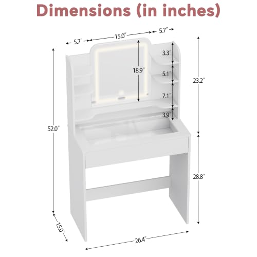 Small Vanity with Tempered Glass Top & RGB Drawer - White, 26.4W