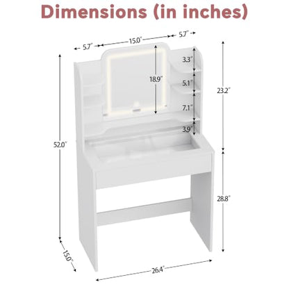 Small Vanity with Tempered Glass Top & RGB Drawer - White, 26.4W