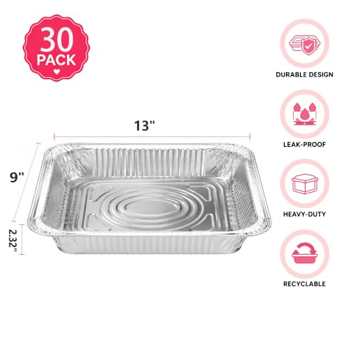 30 Pack 9x13 Aluminum Foil Pans - Heavy Duty Disposable Baking & Roasting Trays - Silver