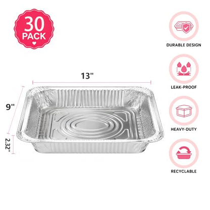30 Pack 9x13 Aluminum Foil Pans - Heavy Duty Disposable Baking & Roasting Trays - Silver