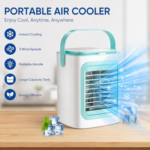Mini Air Conditioner Blue Portable Evaporative Cooler with 3 Speeds
