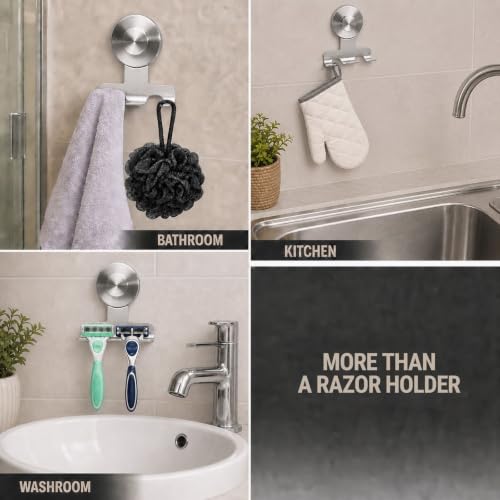 Brushed Silver Suction Cup Razor Holder for Shower Wall Mount Hook - Round