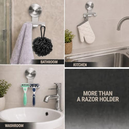 Brushed Silver Suction Cup Razor Holder for Shower Wall Mount Hook - Round