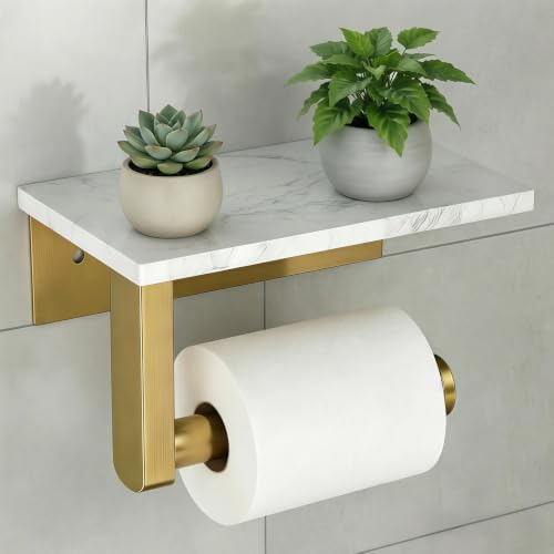 Gold Wall-Mounted Toilet Paper Holder with Marble Shelf - Modern Bathroom Accessory