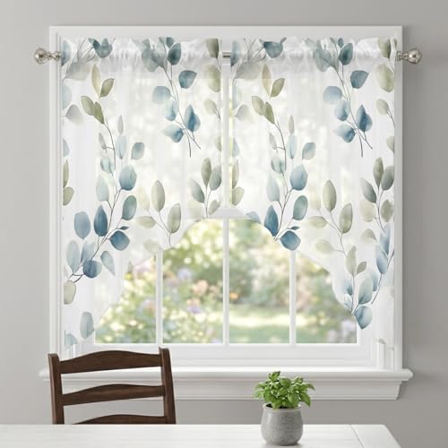 Blue Botanical Swag Curtains Set - 2 Panels 28x36 Inches, Summer Semi-Sheer Valance for Kitchen & Living Room - Variation: Blue / 28"W x 36"L