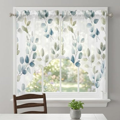 Blue Botanical Swag Curtains Set - 2 Panels 28x36 Inches, Summer Semi-Sheer Valance for Kitchen & Living Room - Variation: Blue / 28"W x 36"L