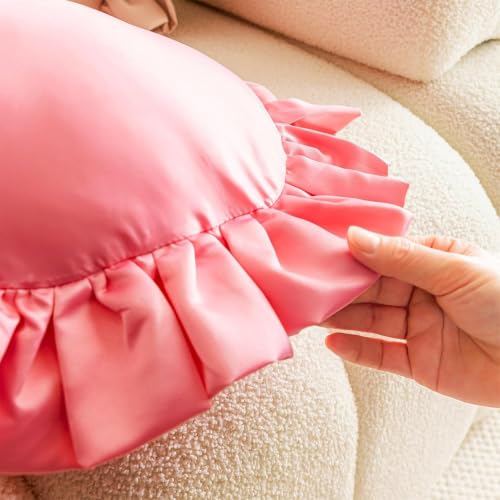 Light Pink Heart-Shaped Throw Pillow with Bow & Ruffle - Romantic Home Decor