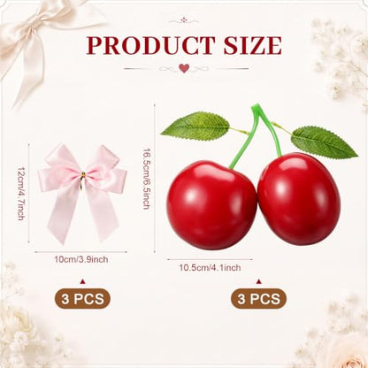 Large Cherry Party Decorations Set - Pink Satin Bows, Fake Red Cherries, Wedding & Event Decor