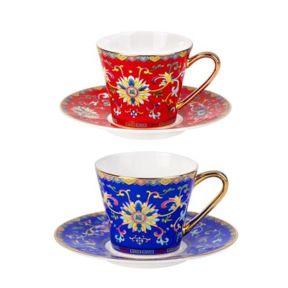 KAMMAK Ceramic Tea Cup and Saucer Set - 8 oz Vintage Floral, Gilded Rim, Set of 2 (Variation 629N+630N)
