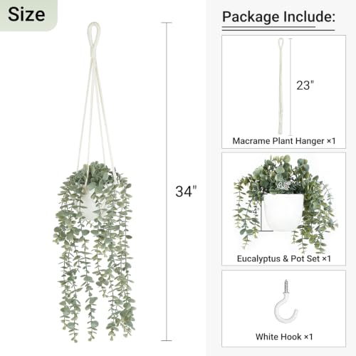 Ivory Fake Hanging Plant with Macrame Pot and Eucalyptus Vines - Durable Indoor Decor
